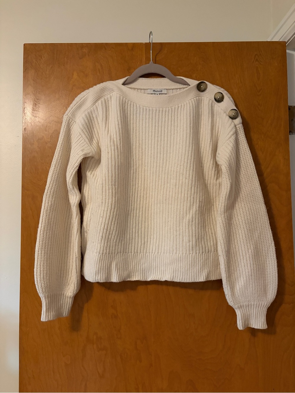 Madewell Cream Crewneck Sweater with Shoulder Buttons